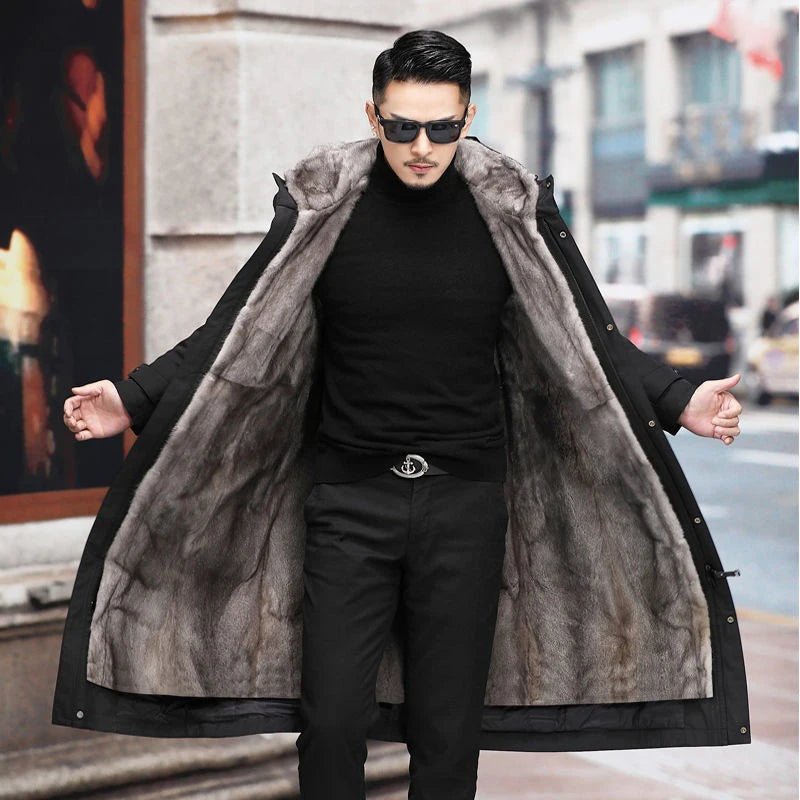 Men’s Detachable Fur One-Piece Winter Coat – Thick Faux Mink Fur Lined