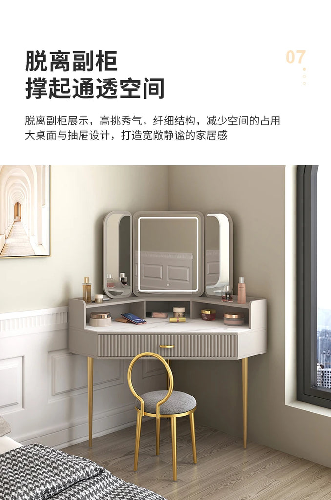 Luxury Solid Wood Corner Dressing Table with Mirror and Stool – Modern Minimalist Bedroom Furniture