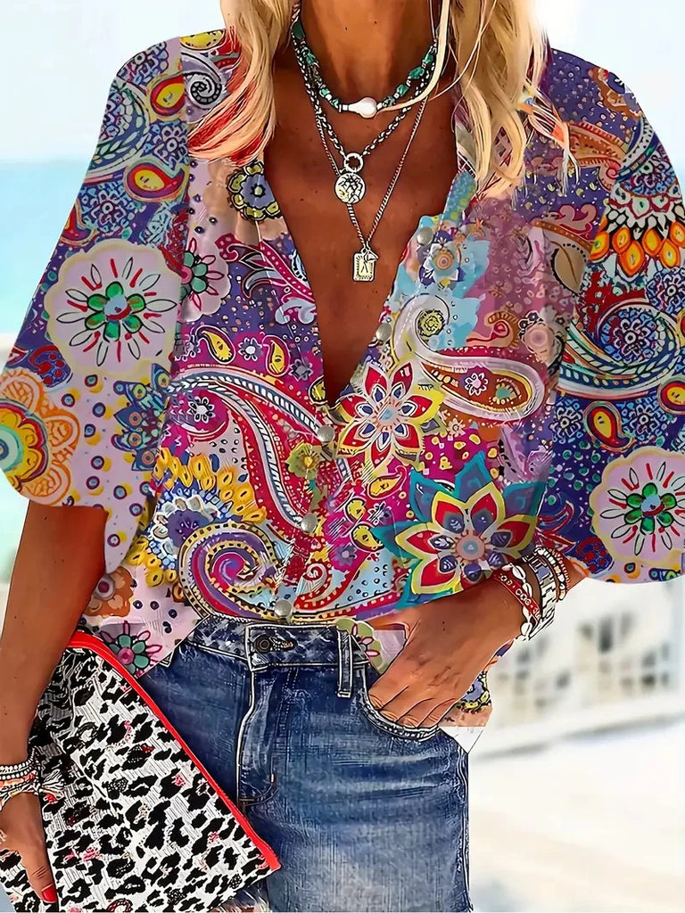 Women’s Floral Slim-Fit Long Sleeve Blouse – Soft Silk Blend Spring/Summer Shirt