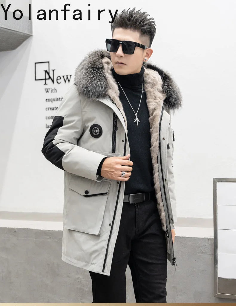Real Mink Fur Inner Coat Men 90% Down 10% Feather Winter Mid-Length Jacket with Hood and Fox Fur Collar