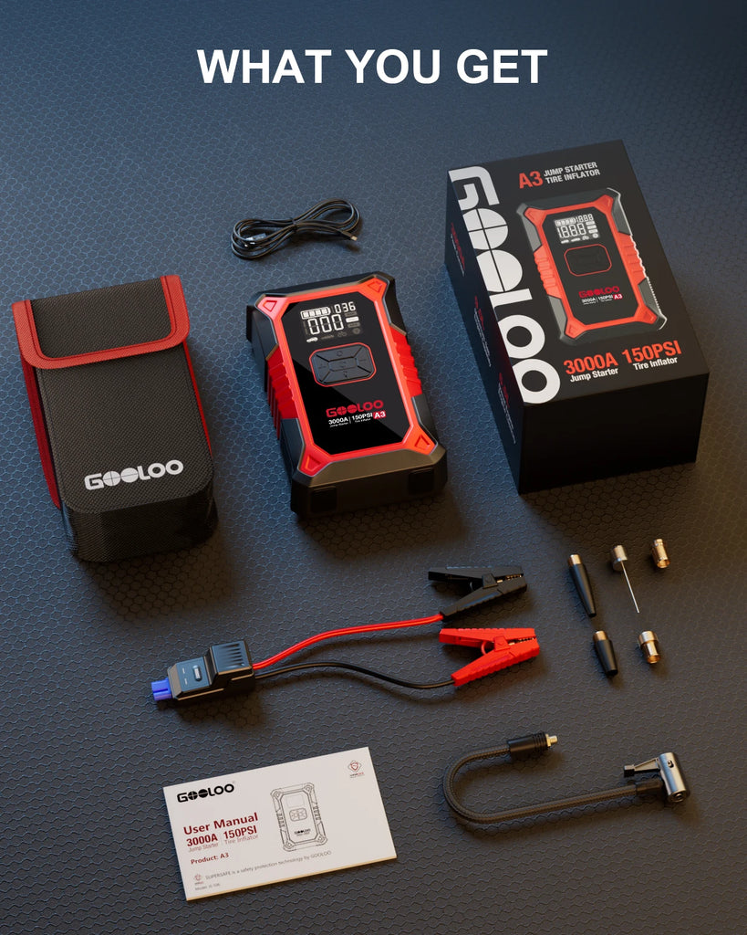 GOOLOO A3 3000A Portable Car Jump Starter with Air Compressor, 150PSI Auto-Shutoff, 12000mAh Battery for Gas & Diesel Engines
