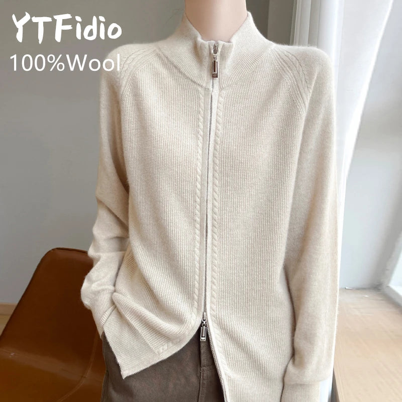 100% Wool Women’s Zipper Turtleneck Sweater – Casual Loose Knit Cardigan for Autumn/Winter