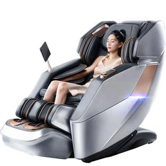 Woman relaxing in a modern massage chair with LED lights on a white background
