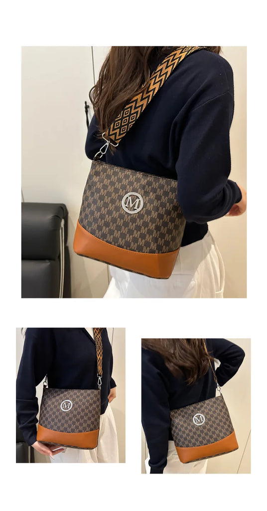 Retro M Letter Crossbody Handbag for Women – PU Leather Bucket Style Messenger Bag