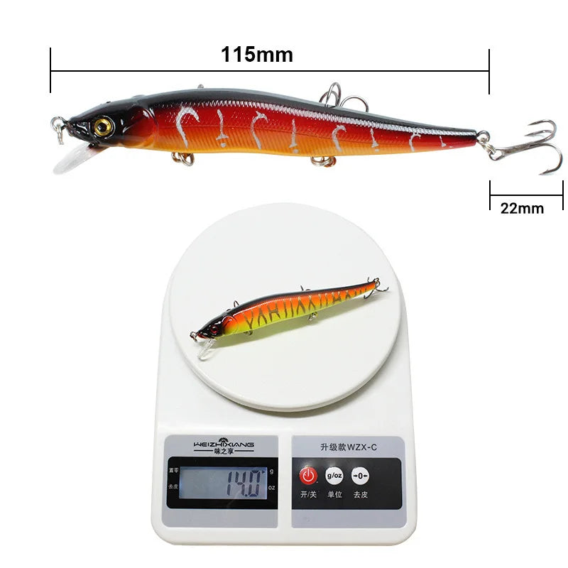 FFLYBG 11.5cm/14g Artificial Bionic Minnow Fishing Lure – Hard Bait with 3D Eyes, Treble Hooks & Realistic Swim Action (5/10 Pcs Set)