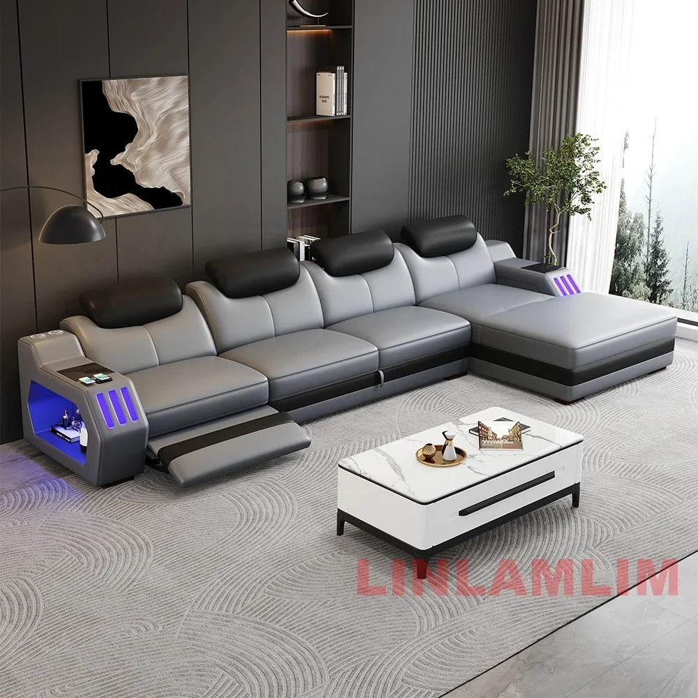 Modern L-Shaped Leather Sectional Sofa Bed with Adjustable Headrests, LED Lights, Storage & USB Ports