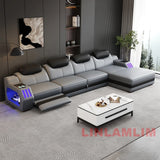 Modern L-Shaped Leather Sectional Sofa Bed with Adjustable Headrests, LED Lights, Storage & USB Ports thumbnail 6