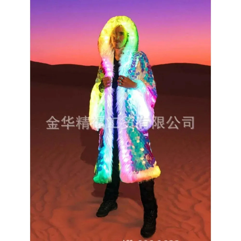 Men’s Faux Fur Long Coat with Sequins Hood – Fluffy Warm Winter Jacket for Party, Cosplay & Stage