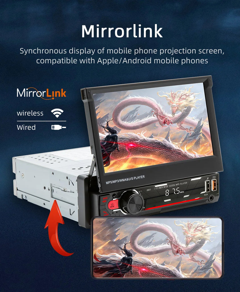 1Din 7'' Retractable Car Stereo with Wireless CarPlay & Android Auto, Bluetooth, FM, USB, AUX