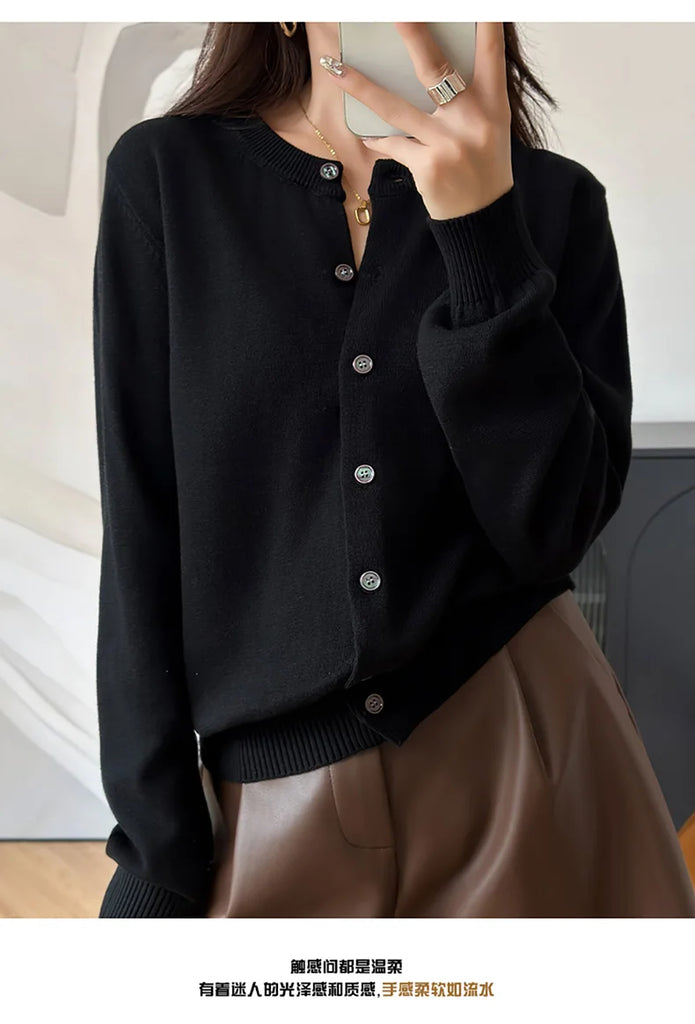 100% Cotton Women’s O-Neck Solid Cardigan – Luxury Designer Pullover