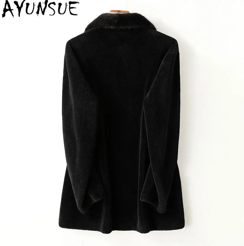 Men’s Winter Sheep Shearing Wool Jacket with Mink Fur Collar – Mid-Length Casual Coat