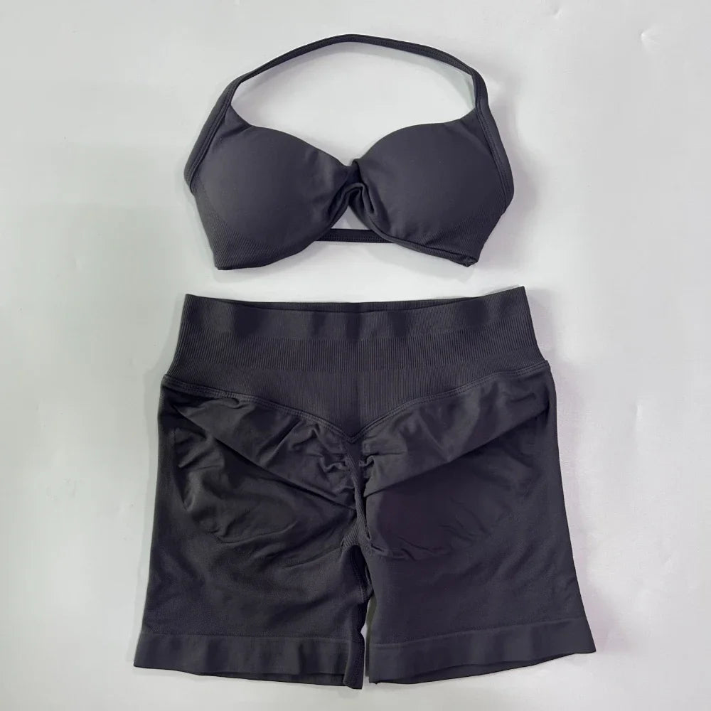 Women’s 2-Piece Seamless Gym Set – Strappy Yoga Bra & High-Waist Scrunch Shorts Workout Suit