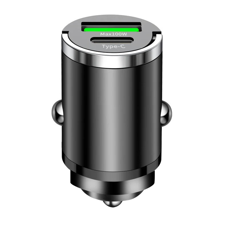 100W Mini Car Charger QC3.0 PD USB Type C 2-Port Fast Charging Compact Adapter