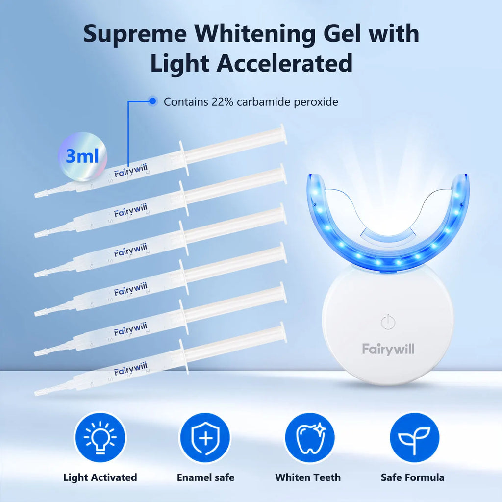 Fairywill LED Teeth Whitening Kit with 22% Carbamide Peroxide Gel – USB Rechargeable Whitening Light for Sensitive Teeth