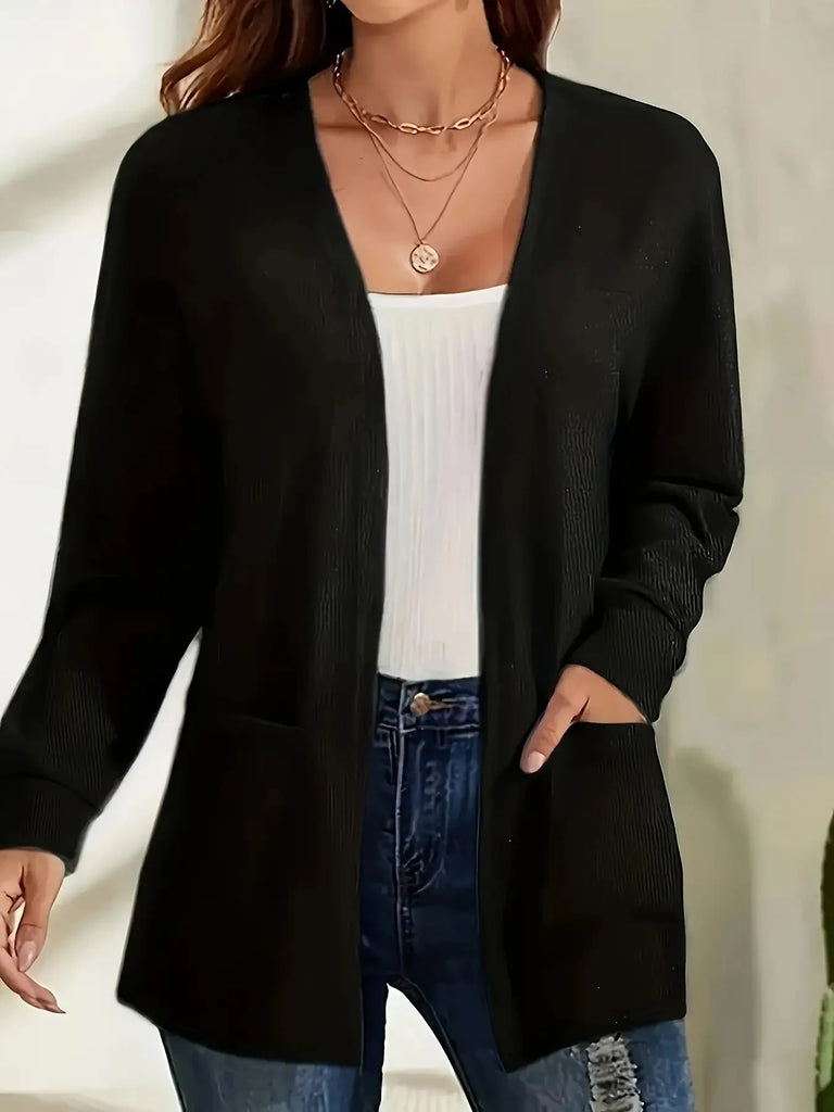 Autumn & Winter Women's Solid Color Knitted Open-Front Cardigan with Pockets