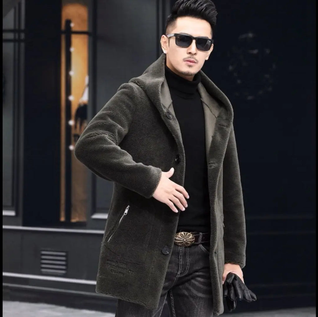 Men’s Winter Casual Thick Fleece Hooded Waterproof Jacket with Real Fur Wool Coat