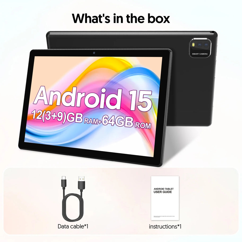BAKEN 10-Inch Android 15 Tablet – Quad Core Processor, 12GB RAM (3GB+9GB), 64GB Storage, 1280x800 HD Display, Dual Camera, 5G WiFi