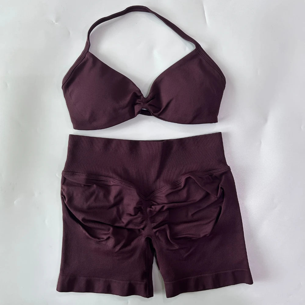 Women’s 2-Piece Seamless Gym Set – Strappy Yoga Bra & High-Waist Scrunch Shorts Workout Suit