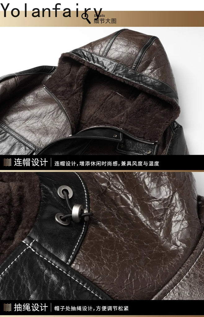 Men’s Natural Sheepskin Leather Jacket with Real Fur Hood – Winter Wool Lined Fur Coat