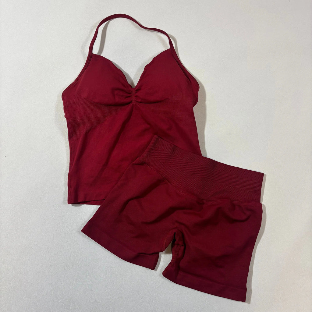 Women’s Seamless Yoga Gym Set – Backless Tank Top & High Waist Scrunch Shorts (2PCS)