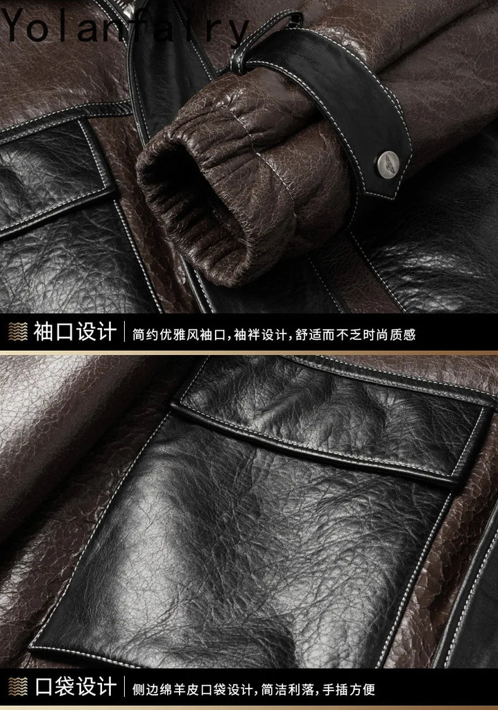 Men’s Natural Sheepskin Leather Jacket with Real Fur Hood – Winter Wool Lined Fur Coat