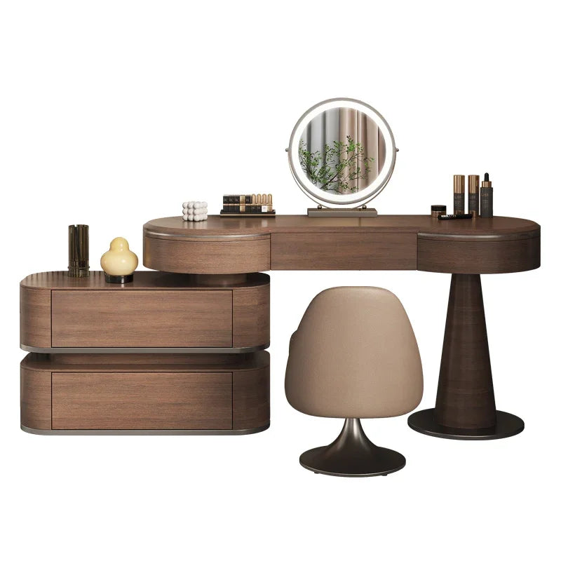 Luxury Modern Bedroom Dressing Table with Mirror, Makeup Stool, and Storage Drawers