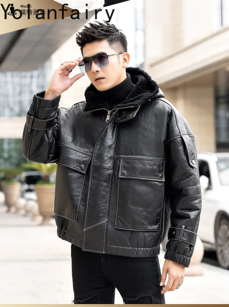 Men’s Natural Sheepskin Leather Jacket with Real Fur Hood – Winter Wool Lined Fur Coat