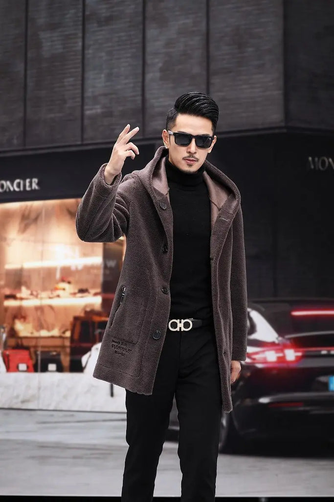 Men’s Winter Casual Thick Fleece Hooded Waterproof Jacket with Real Fur Wool Coat