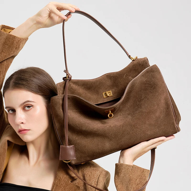 Women’s Genuine Suede Leather Large Capacity Shoulder Tote Bag Luxury Casual Handbag