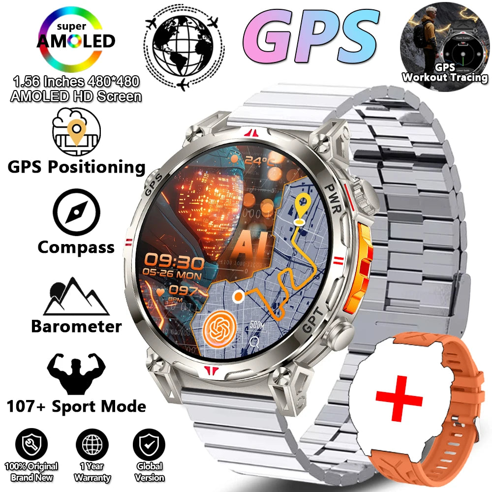 Outdoor Sports Smartwatch for Men – GPS, 1.56-inch AMOLED, 5ATM Waterproof, 650mAh Battery, Compass & HD Call