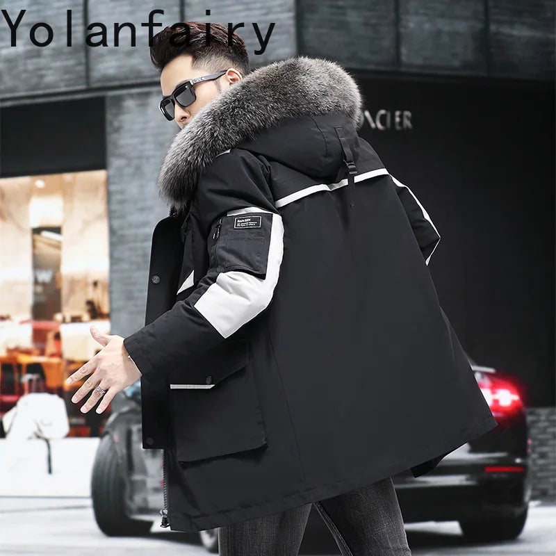 Real Mink Fur Inner Coat Men 90% Down 10% Feather Winter Mid-Length Jacket with Hood and Fox Fur Collar