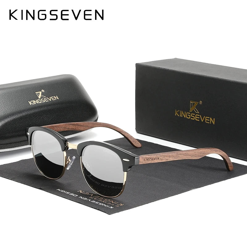 KINGSEVEN Handmade Black Walnut Wooden Polarized UV400 Sunglasses Semi-Rimless Retro Eyewear