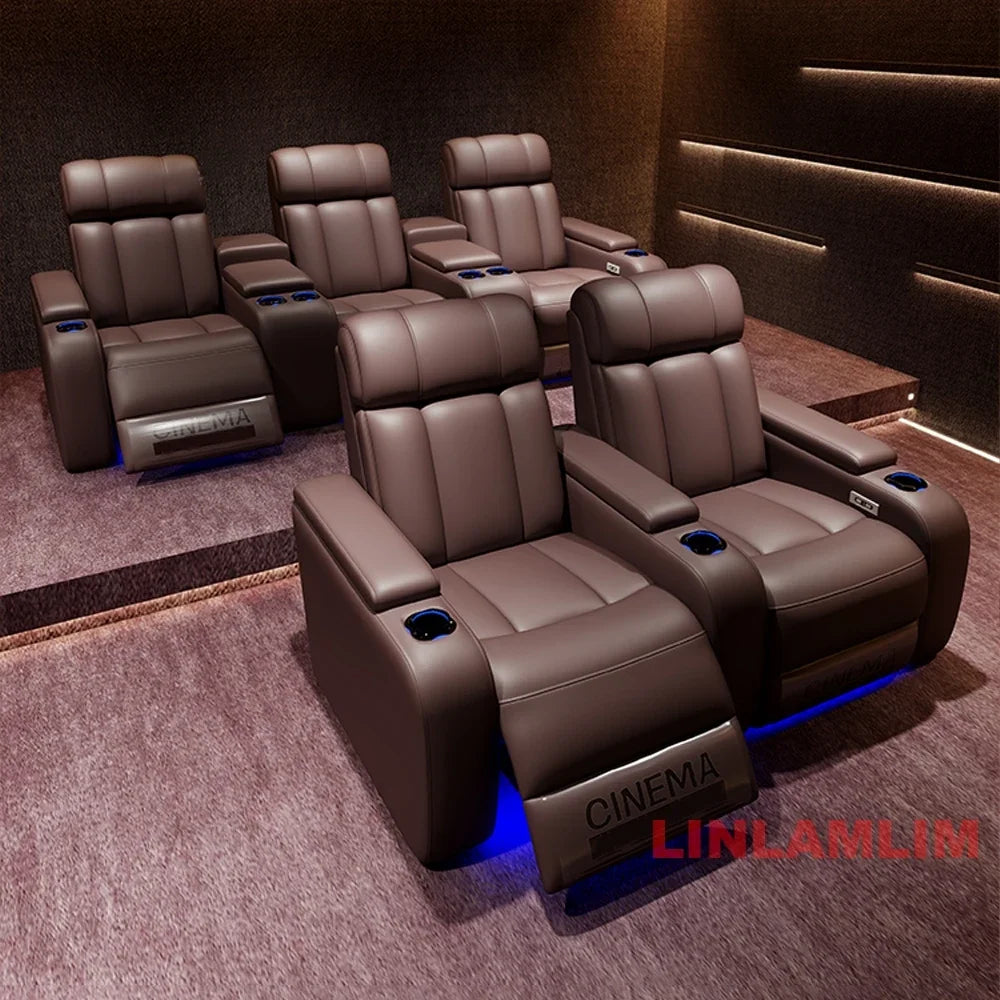 MINGDIBAO Luxury Electric Recliner Cinema Chair with LED Lighting & Cup Holder – Genuine Leather Home Theater Seating