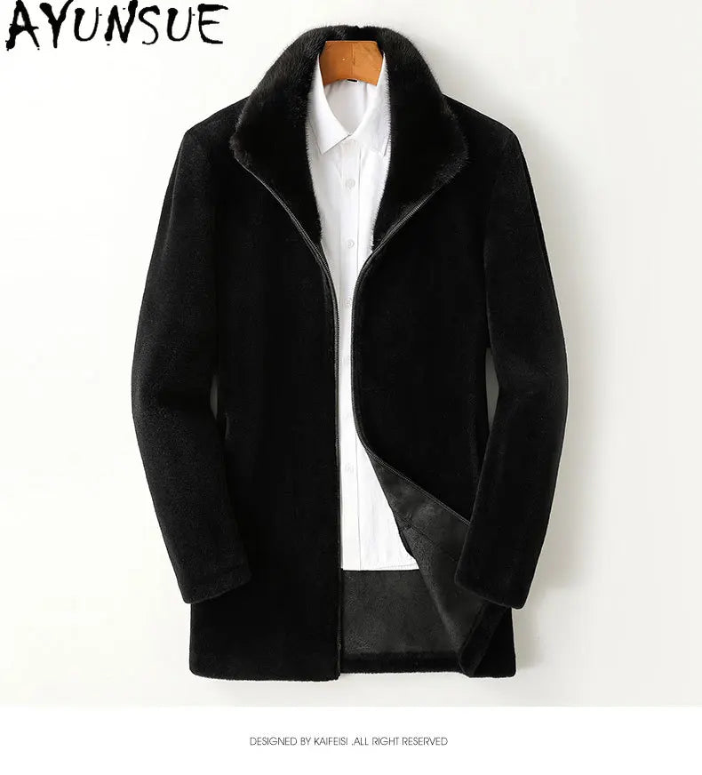 Men’s Winter Sheep Shearing Wool Jacket with Mink Fur Collar – Mid-Length Casual Coat