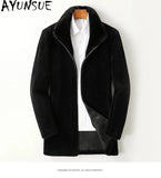 Men’s Winter Sheep Shearing Wool Jacket with Mink Fur Collar – Mid-Length Casual Coat thumbnail 13