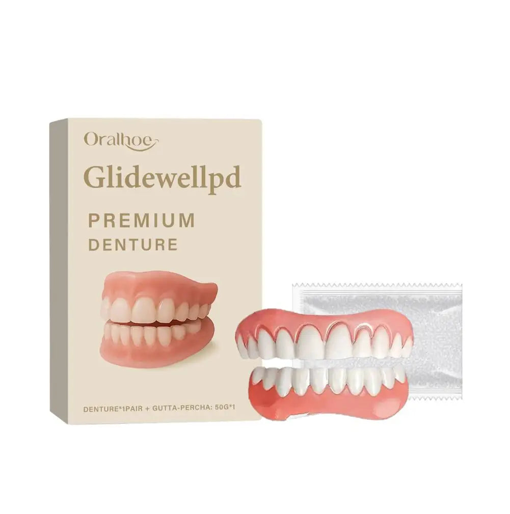 Full Denture Fake Teeth Set with Silicone Upper & Lower Veneers – Natural Fit Smile Kit with Adhesive Gel