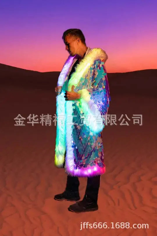 Men’s Faux Fur Long Coat with Sequins Hood – Fluffy Warm Winter Jacket for Party, Cosplay & Stage