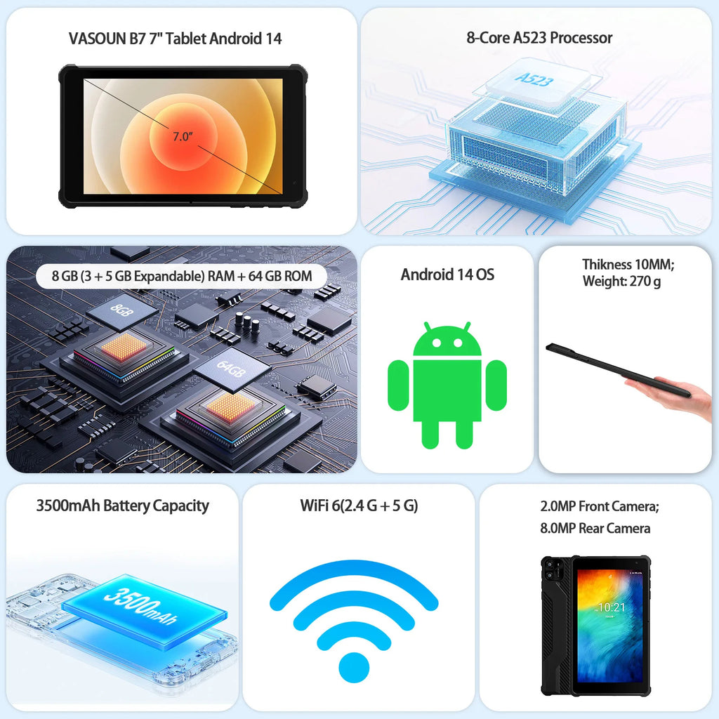 PRITOM 7 Inch Android 14 Tablet, 8GB RAM (3GB + 5GB Expandable), 64GB ROM, Octa-Core A523 Processor, WiFi 6, Dual Camera, IPS Display, Black