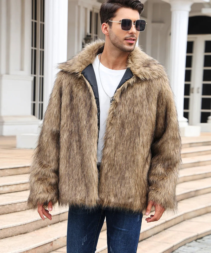 Men’s Faux Fox Fur Jacket Coat – Thick Shaggy Winter Outerwear