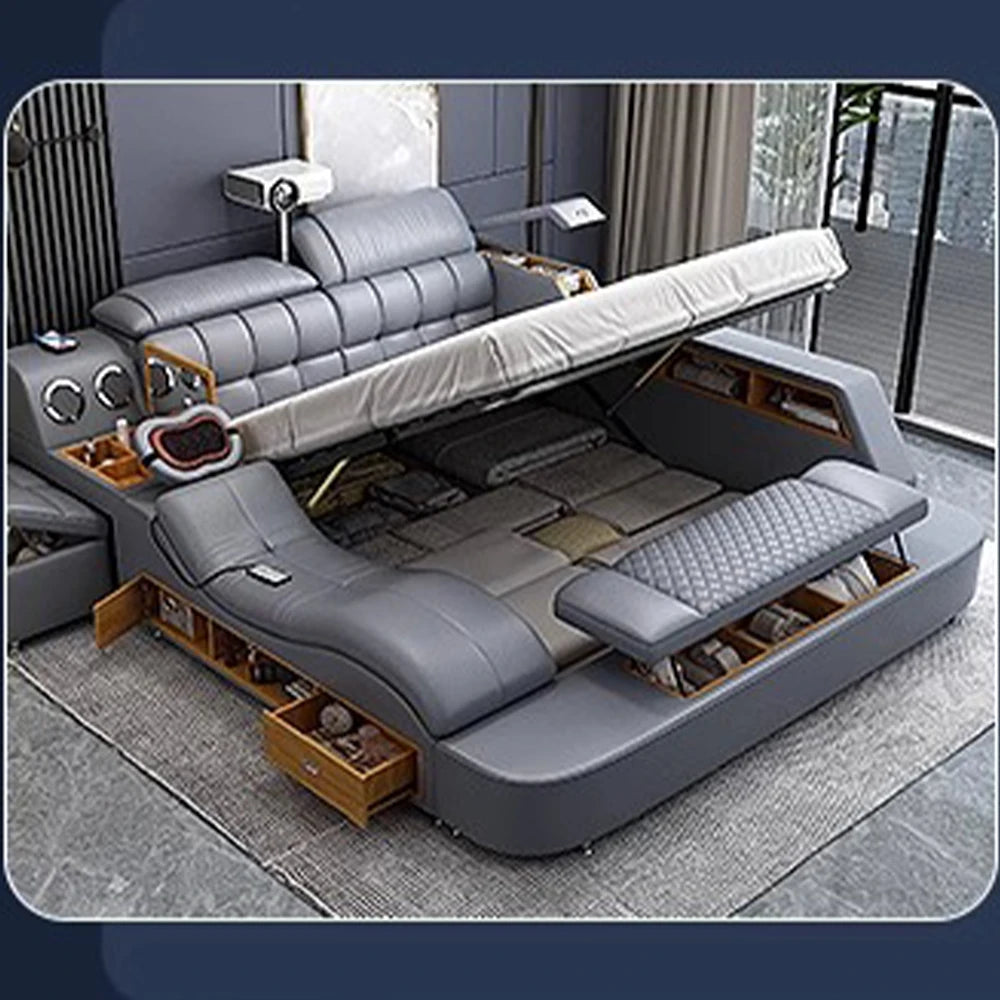 MANBAS Luxury King Size Genuine Leather Smart Bed with Massage, Storage, USB & Projector