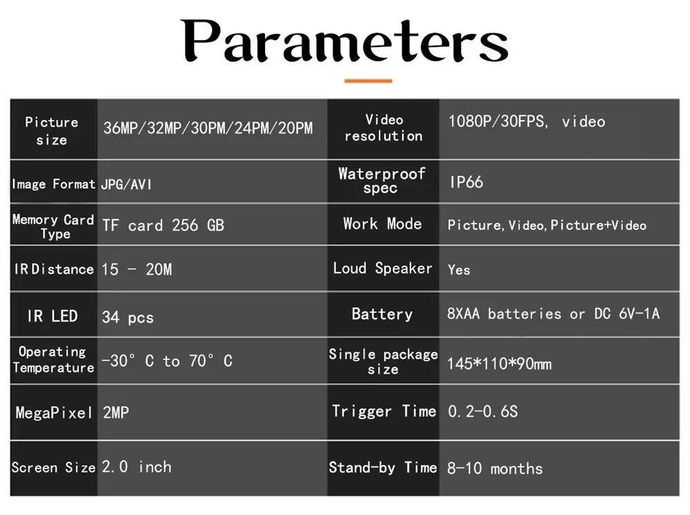36MP Wildlife Hunting Camera with 1080P Video, 120° Wide Lens, 0.3s Trigger, Night Vision, IP66 Waterproof