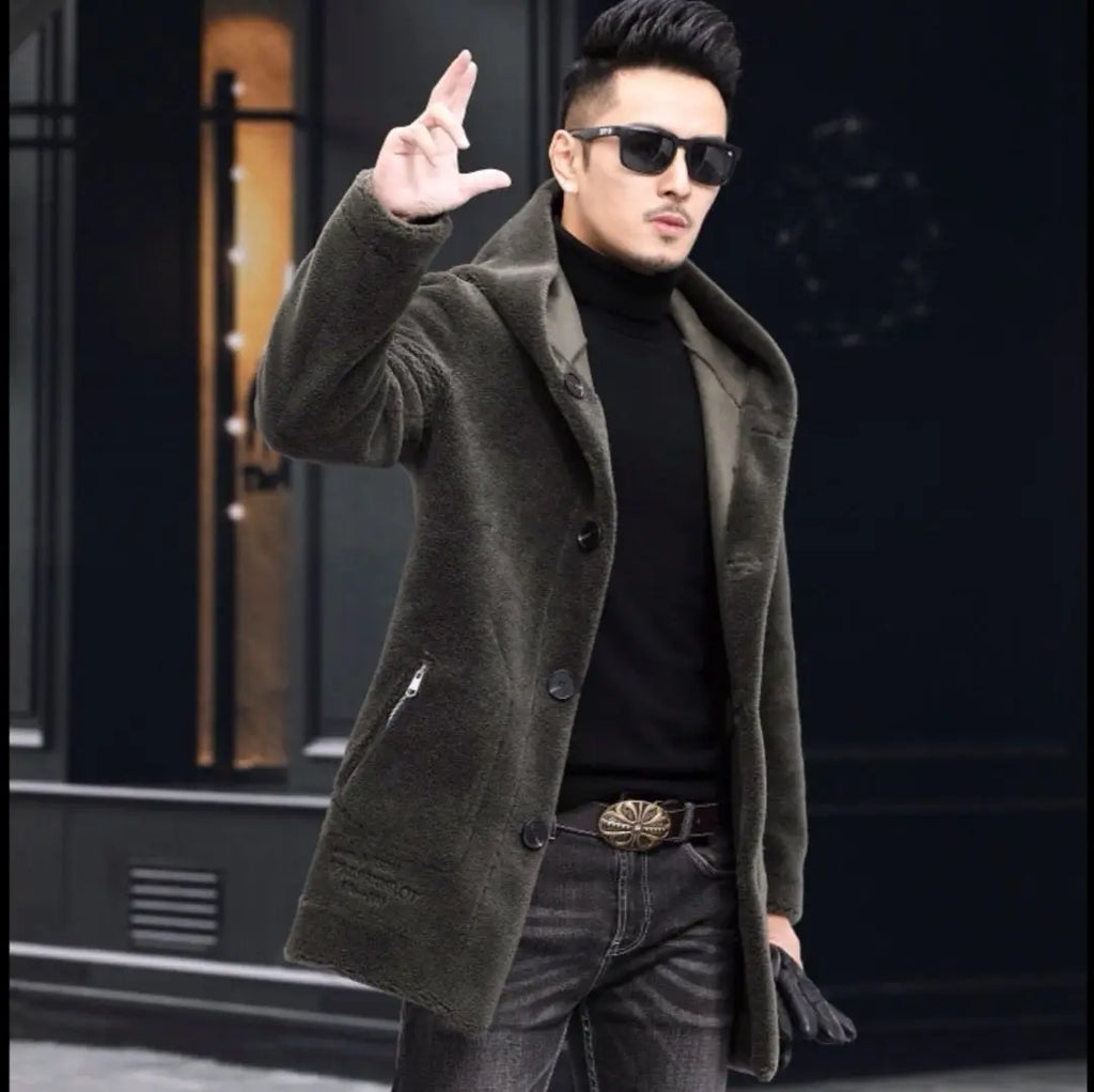 Men’s Winter Casual Thick Fleece Hooded Waterproof Jacket with Real Fur Wool Coat