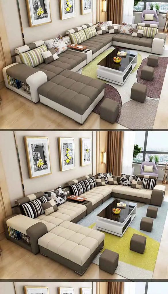 Modern U-Shaped Fabric Sofa Set with USB & Stools – Living Room Couch, Customizable Colors
