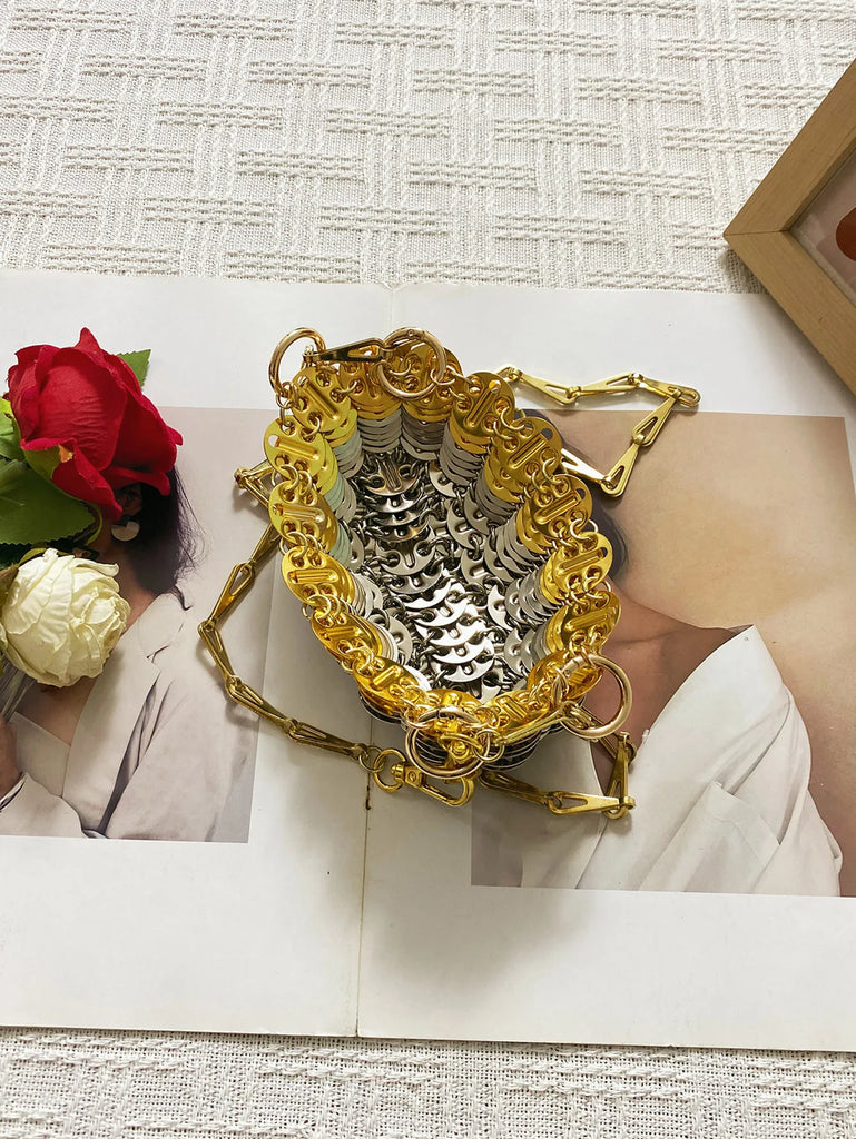 Silver Shiny Hand Woven Bead Sequin Crossbody Bag with Long Shoulder Strap for Women
