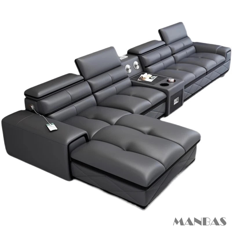 Modern Italian Genuine Leather Sectional Sofa with USB Charging & Bluetooth Speaker – MINGDIBAO Living Room Furniture