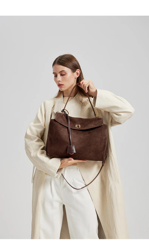 Women’s Genuine Suede Leather Large Capacity Shoulder Tote Bag Luxury Casual Handbag