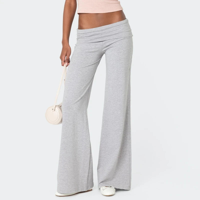 Casual Wide Leg Sweatpants for Women – Fold Over Low Rise Flare Yoga & Lounge Pants