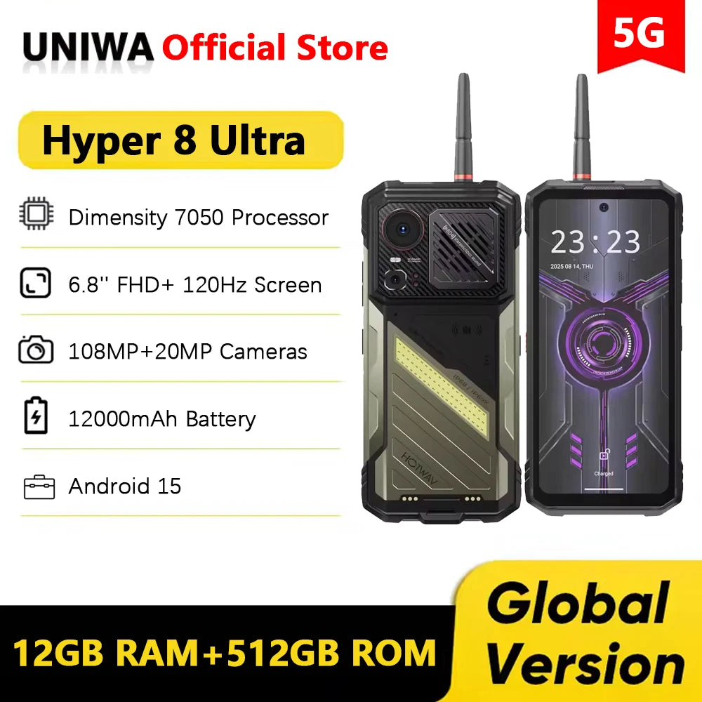 HOTWAV Hyper 8 Ultra Rugged Walkie-Talkie 5G Smartphone 12GB 512GB 12000mAh 108MP NFC Android 15