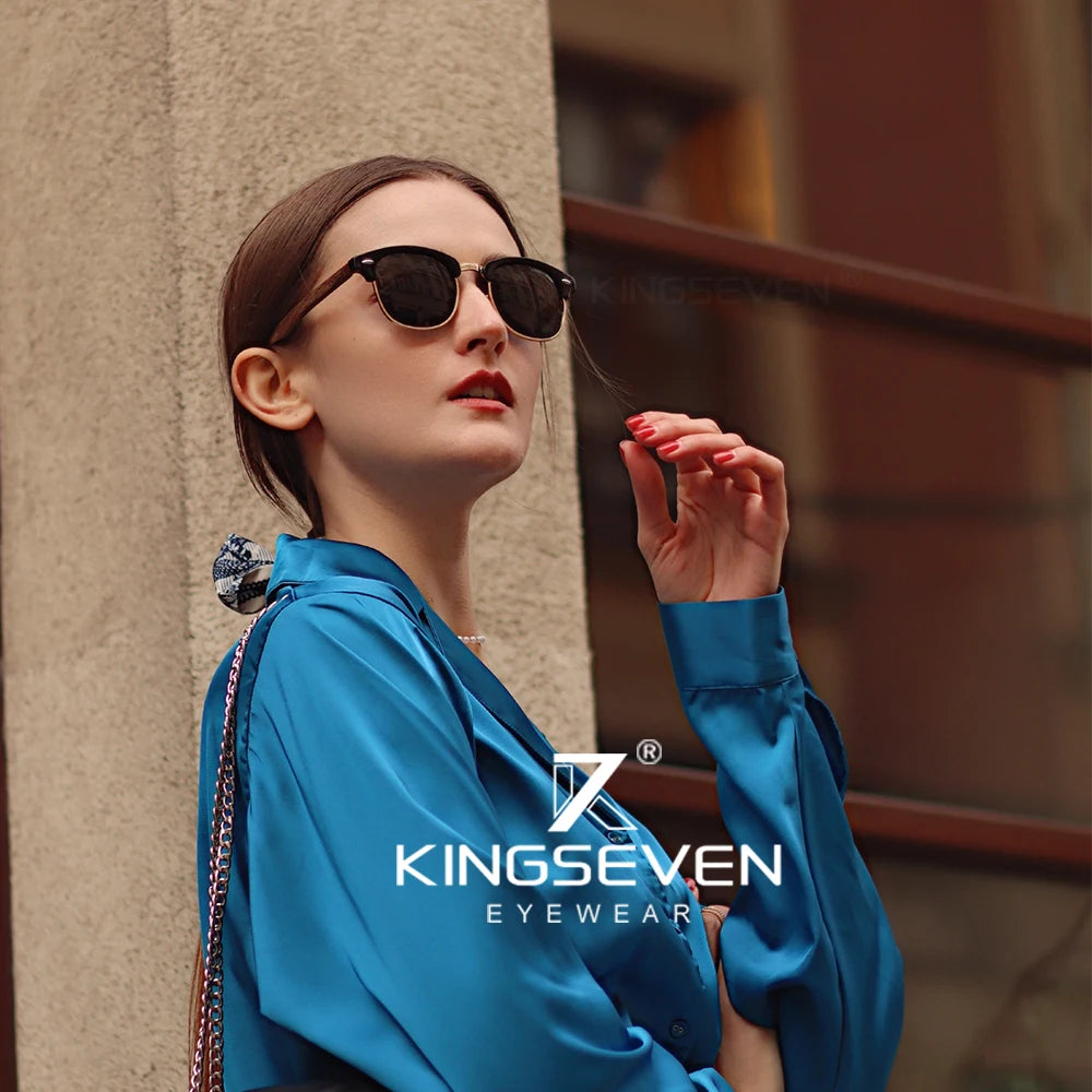 KINGSEVEN Handmade Black Walnut Wooden Polarized UV400 Sunglasses Semi-Rimless Retro Eyewear