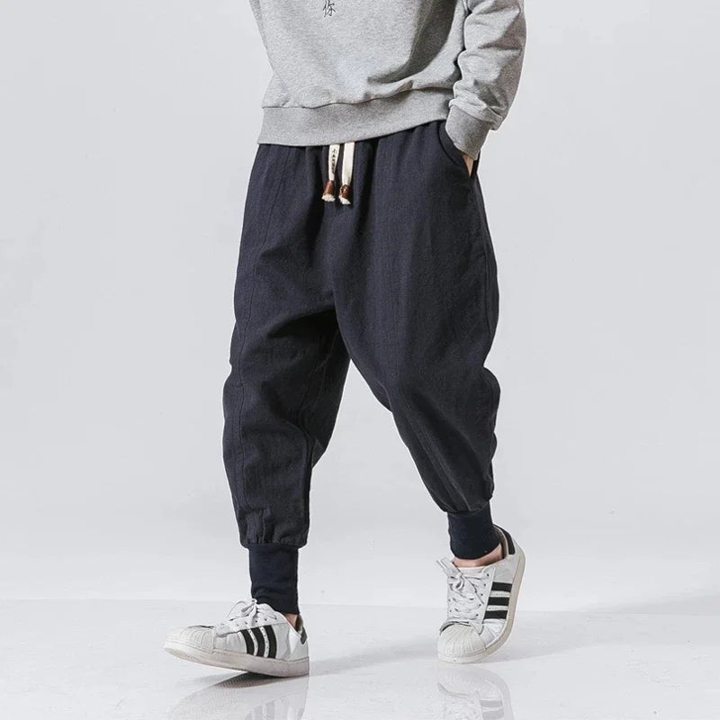 Men’s Cotton Linen Harem Pants – Baggy Streetwear Joggers with Elastic Waist